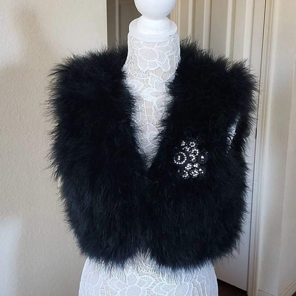 Ambre Babzoe 100%Turkey  Down Jeweled Feathered Mob Wife Witchy Avant Garde Vest